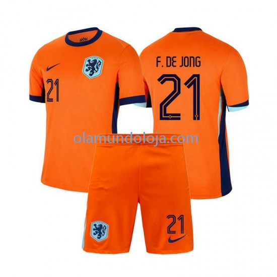 Camisola Países Baixos Frenkie de Jong 21 Criança Equipamento Primeiro Euro 2024 Manga Curta